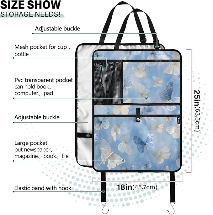 1 Pack Back Seat Car Organizer with Storage Pockets Kick Mats Back Seat Protector Hanging Car Organizer Automotive Seat Back Cover Organizers Sky Blue and White Butterflies