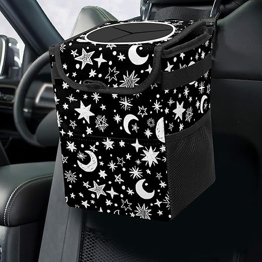Gothic Black White Moon Stars Car Trash Can with Lid Collapsible Reusable Waterproof Car Garage Bag,Automotive Garbage Can,Car Accessories Interior Car Organizer