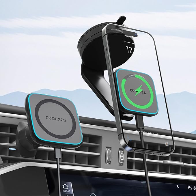 for MagSafe Car Mount Charger with 15W Fast Wireless Charging, Magnetic Car Phone Holder 【Windshield+Vent+Dash】 with Bendable Memory Alloy Arm, 108LB Suction Phone Mount for iPhone 17 Pro Max