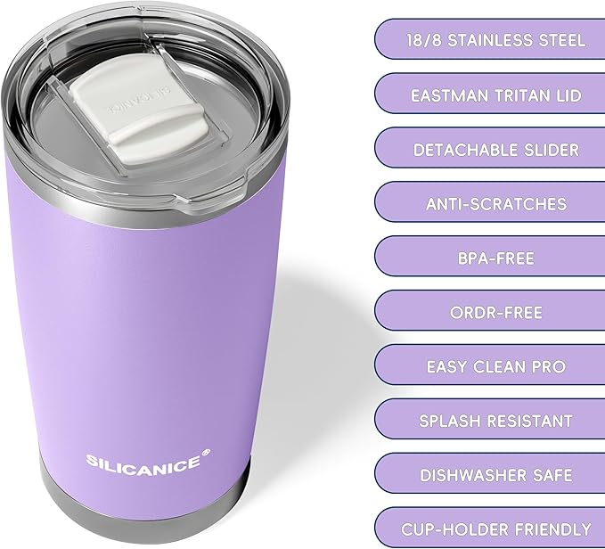 20oz Vacuum Insulated Tumbler - Double Wall Stainless Steel Coffee Mug with Detachable Slider Lid, BPA Free, Car Cup Holder Compatible - Gym/Office/Travel/Home -Lilac