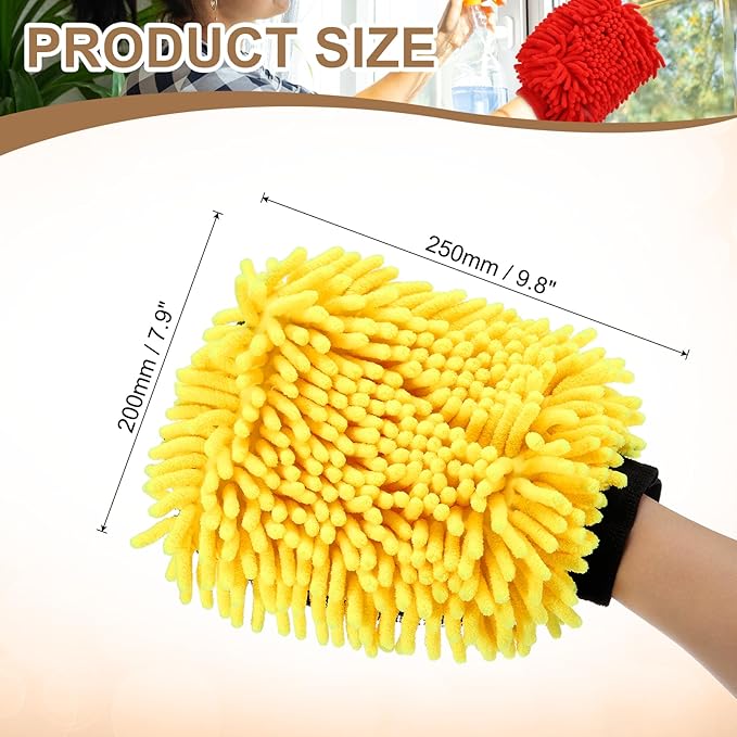 HARFINGTON 2pcs Chenille Microfiber Car Wash Mitts 9.8" x 7.9" Scratch Free Wash Gloves Absorbent Double Sided Plush Cleaning Drying Mitts for Car Washing Home Clean, Yellow