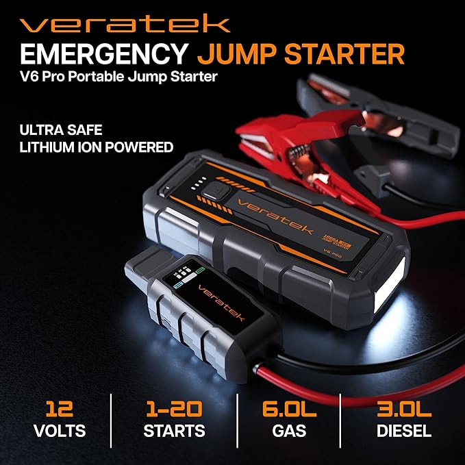 V6 Pro 1000A Car Battery Jump Starter Portable (6.0L Gas & 3.0L Diesel) – 12V Lithium Battery Booster Pack with SmartCharge Safety, Jumper Cables, 10000mAh Power Bank, Jump Box, LED Light