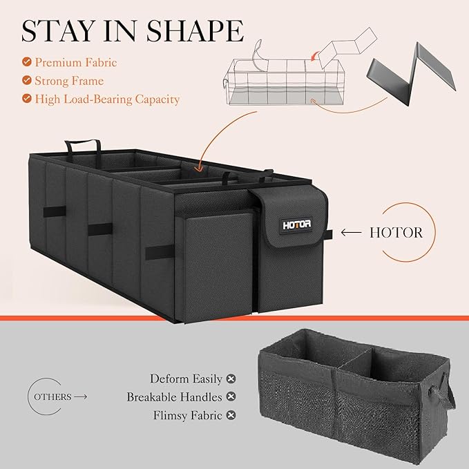 HOTOR Trunk Organizer, Sturdy Foldable with Cooler for Car & SUV, 3 Compartments, Black, 30.90”×12.60”×10.63”