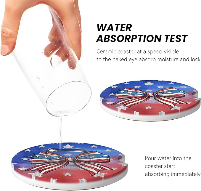 Absorbent Car Coasters for Cup Holders, 2 Pack Universal Anti Slip Ceramic Cup Coaster for Women Men 2.56 Inch Car Interior Accessories - Bow Tie Stars and Stripes 019