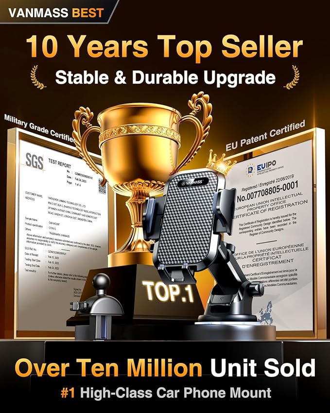 VANMASS 2026【Military-Grade】 Car Phone Mount Upgraded【Strongest Suction & Clip】 Cell Phone Holders for Your Car Dashboard Windshield Vent,Truck Stand for iPhone 17 Pro Max 16 15 14 13 Samsung Android