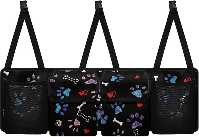 CLOHOMIN Dog Paw Car Organizer for SUV Sedan Truck Hanging Car Trunk Backseat Organizer Multi Trunk Organizer Decor Red Heart Cargo Storage Bag with 4 Pockets