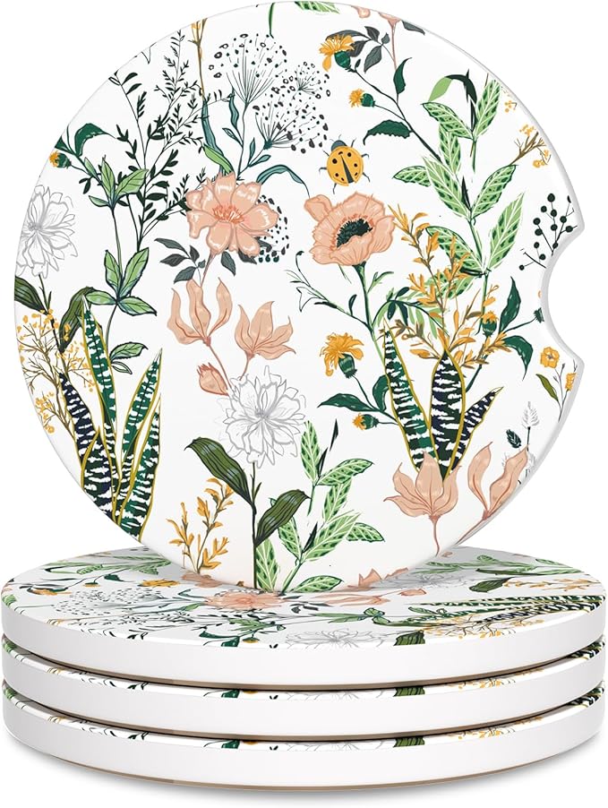 Car Cup Holder Coaster, Car Coasters for Cup Holders, 4 Pack Universal Anti Slip Insert Absorbent Ceramic Auto Interior Accessories with A Finger Notch & Cork Base, Village Road Flowers