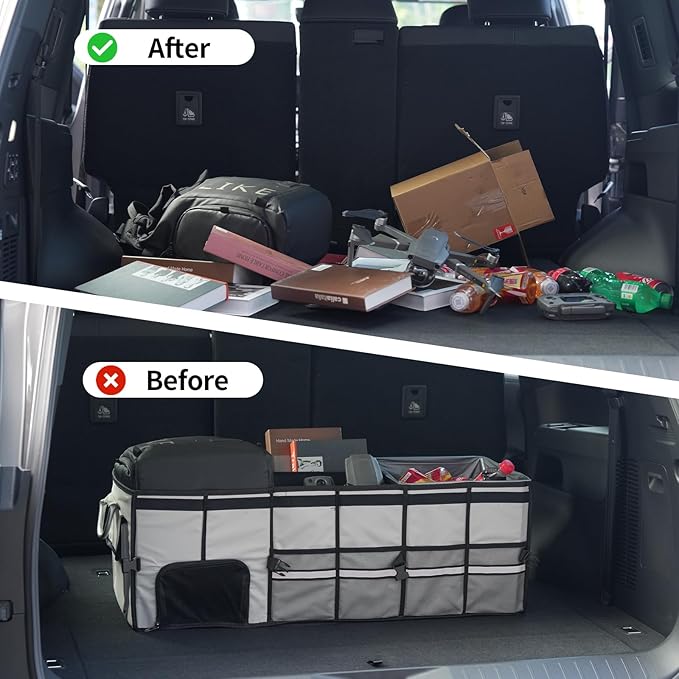 HAMOPY Car Trunk Organizer and Storage with Separate Compartment for 1 Pair of Shoes, Heavy Duty with Lid & Removable Leakproof Cooler Bag, Collapsible Large Trunk Organizers for SUV Sendan (Grey)