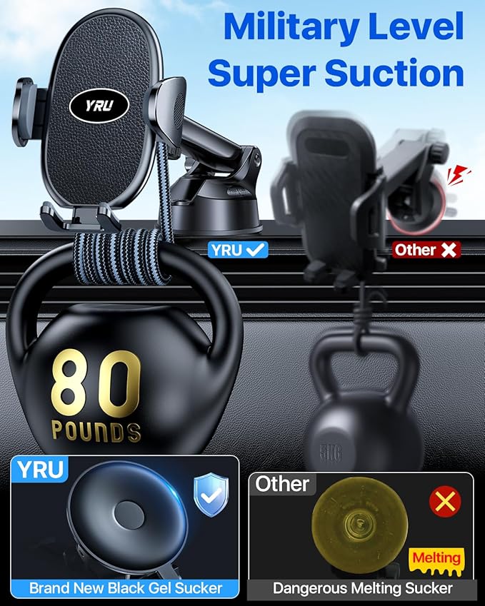 YRU [2025 Upgraded Universal Car Phone Holder Mount【360°Rotatable & Strong Suction】 Cell Phone Car Dashboard Windshield Phone Holder Dash Vent Stand for iPhone 17 16 Pro Max Samsung Truck, Black