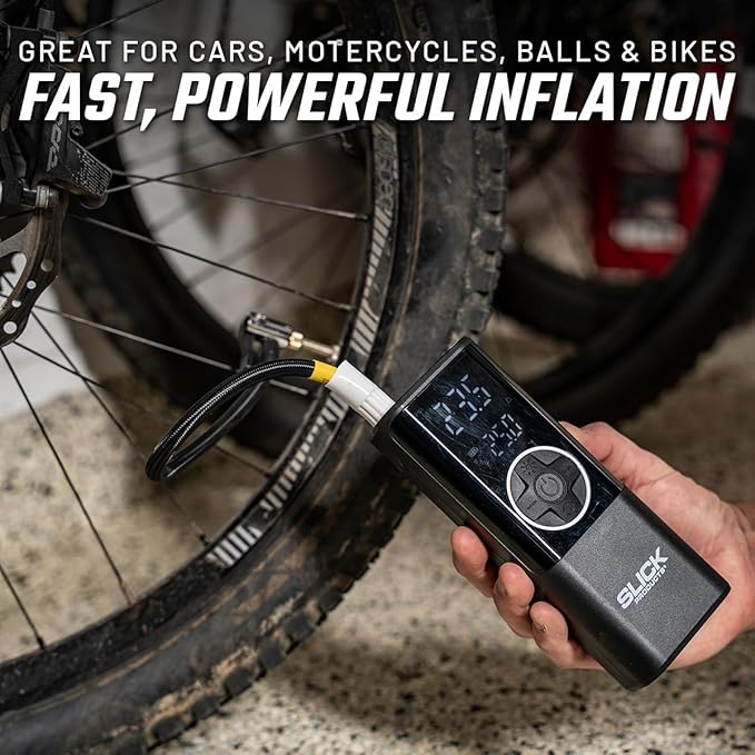 Slick Products Portable Digital Air Pump Tire Inflator – Cordless Rechargeable 150 PSI Pump with LED Flashlight, Power Bank, Presta Valve Adapter, Ball Needle, Power Cord and USB Cable