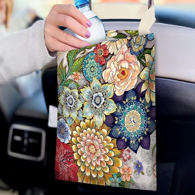 Boho Floral Car Trash Bags - Hanging, One-handed Strap, Cute Printed, Small Garbage Bags for Car Back Seat Accessories