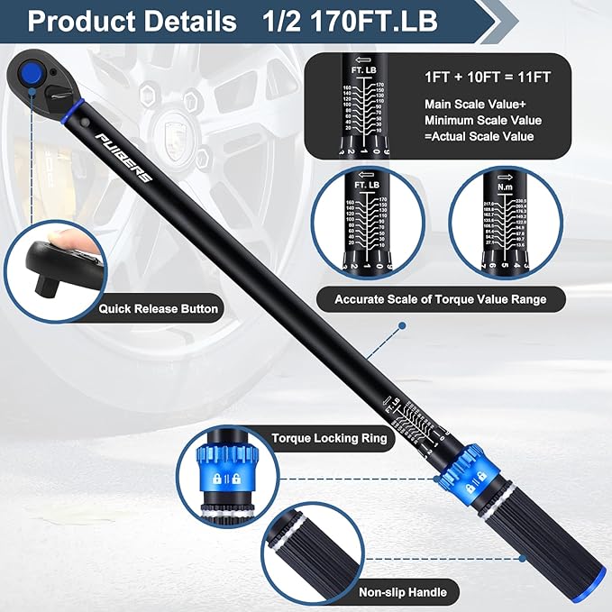 1/2 3/8 inch Drive Click Torque Wrench Set,2 Pcs Torque Wrenches 10-170 FT.LB/13.6-230.5Nm,10-110 FT.LB/13.6-149.2Nm,±3% High Accuracy Torquimetro for Bike, Moto and Car Repair
