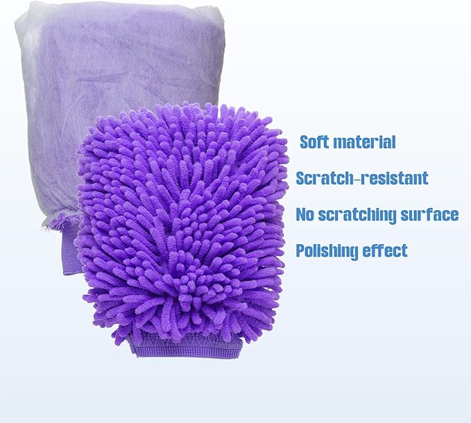 HARFINGTON Chenille Microfiber Car Wash Mitts 10" x 7.5" Scratch Free Wash Gloves Absorbent Double Sided Plush Cleaning Drying Mitts for Car Washing Home Clean Purple