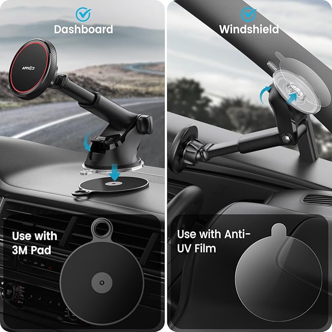 APPS2Car for MagSafe Car Mount, Dashboard & Windshield Suction Cup Holder with Telescopic Arm, Magnetic Phone Holder for Your Car, Designed for iPhone MagSafe Case