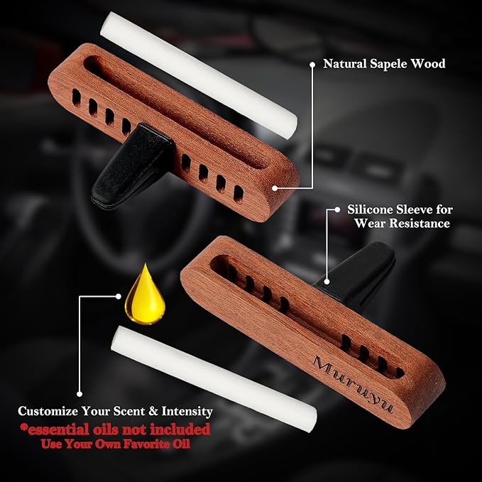 [2-Pack] Natural Sapele Wood Car Diffuser with Vent Clip, Refillable Car Air Freshener for your own Essential Oils (No Oils Included), Premium Auto Interior Accessories
