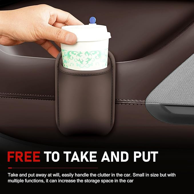 Car Door Cup Holder, Leather Backseat Cup Holder for Car, Multifunctional Clip On Storage Box for Beverage Phones Keys Snacks, Universal Storage Organizer Accessory (Brown)