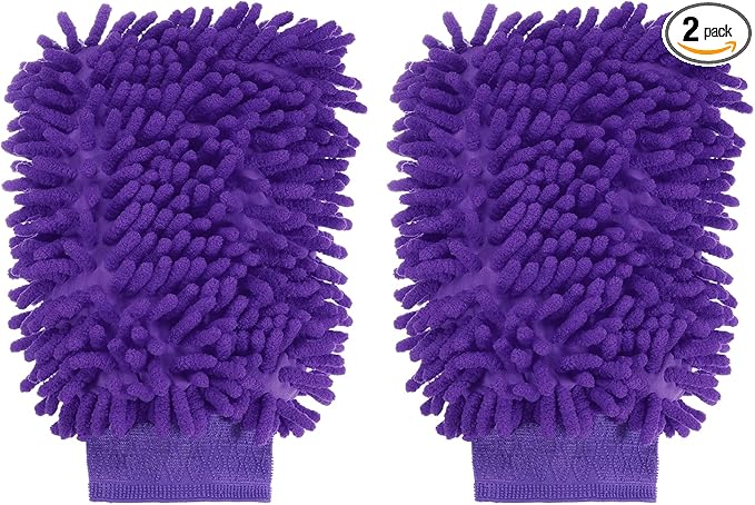 HARFINGTON 2pcs Premium Chenille Microfiber Car Wash Mitts 9.8" x 7.9" Scratch Free Wash Gloves Absorbent Double Sided Plush Cleaning Drying Mitts for Car Washing Home Purple