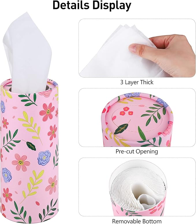 12 Pieces Spring Flowers Car Tissues Box Spring Floral Car Tissue Cylinder in 4 Design Refill Round Tissue Holder with Facial Tissues for Wedding Birthday Party Cup Holder Travel Home