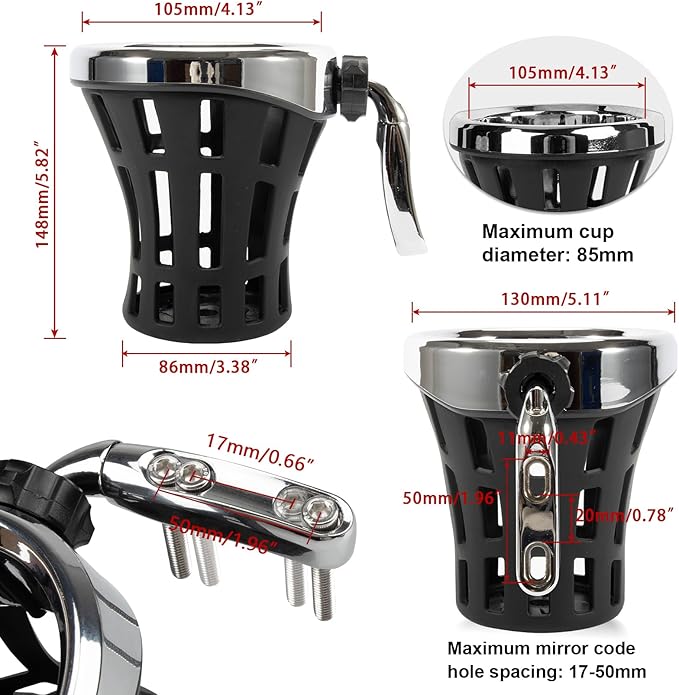 PSLER Motorcycle Drink Cup Holder Handlebar Mount Universal for Dyna Fat Bob Touring Road Glide Street Electra Glide Softail 1996-up Goldwing GL1800 2018-up (Chrome, 105mm)