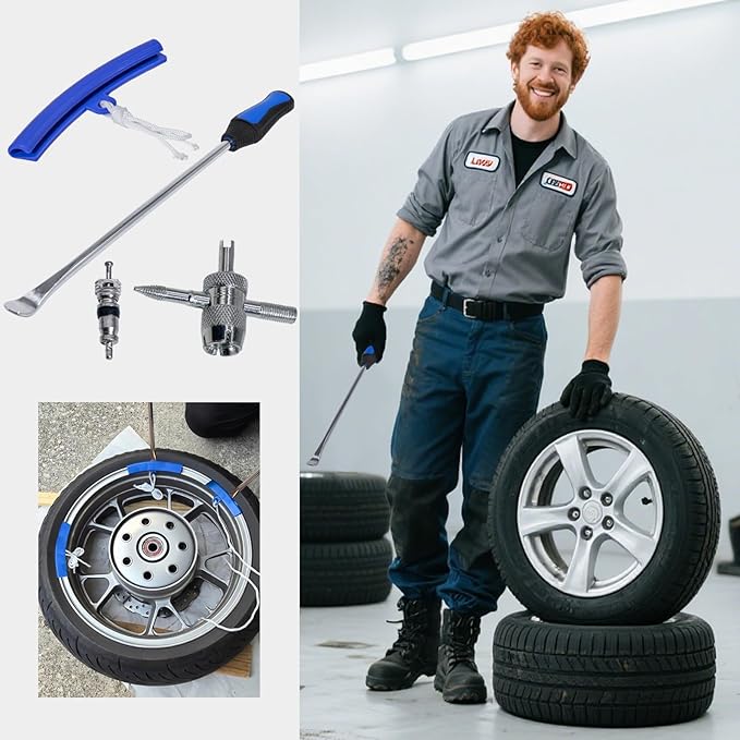 Y.A. LOTUS Tire Spoons 14.5IN, Steel Tire Changing Kit for Motorcycle Dirt Bike Lawn Tractor Bicycle and More, Include 3 Tire Removal Tool, 3 Rim Protector, 1 Valve Tool, 6 Valve Cores