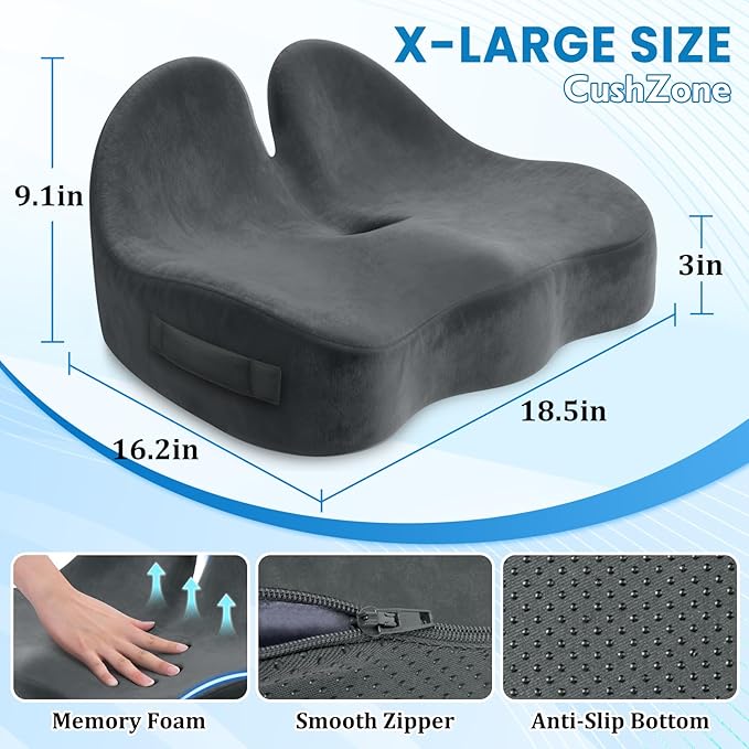 Seat Cushion, Memory Foam Office Chair Seat Cushion for Office Chairs/Car/Long Trip/Desk Chair/Gaming, X-Large Size for Sciatica & Hip & Tailbone Pain Relief, Sciatica Support (Gray)