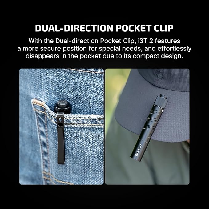 OLIGHT I3T 2 EOS Pocket EDC Flashlight, 200 Lumens Compact Bright Handheld Flash Lights, Dual-Output Tail Switch with AAA Battery and Two-Way Pocket Clip for Camping and Hiking (Black)