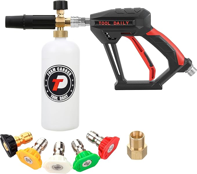 Tool Daily Short Pressure Washer Gun with Foam Cannon, 1/4 Inch Quick Connector, with 5 Pressure Washer Nozzle Tips, 1 Liter