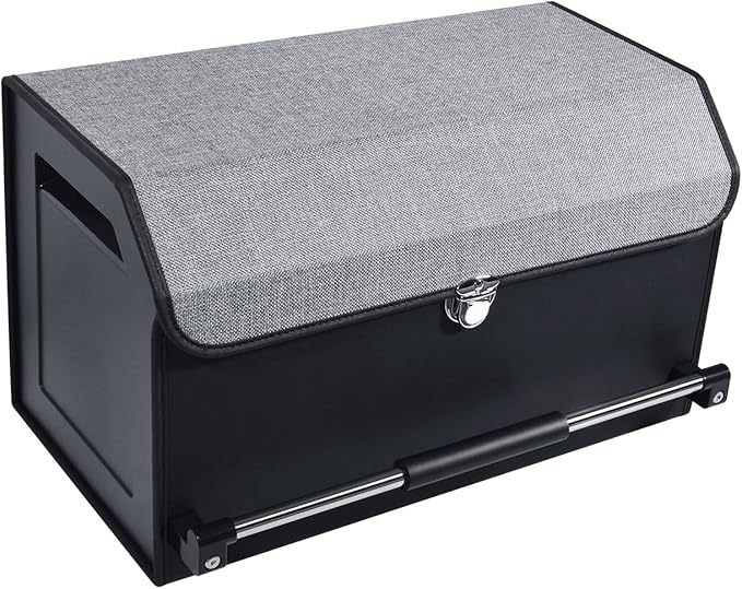 Car Trunk Organizer, Leather Trunk Organizer with Push-pull Handle and Lid Car Trunk Storage Organizer for SUV, Minivan, Truck (Grey, 20.47 x 11.42 x 12.2in)