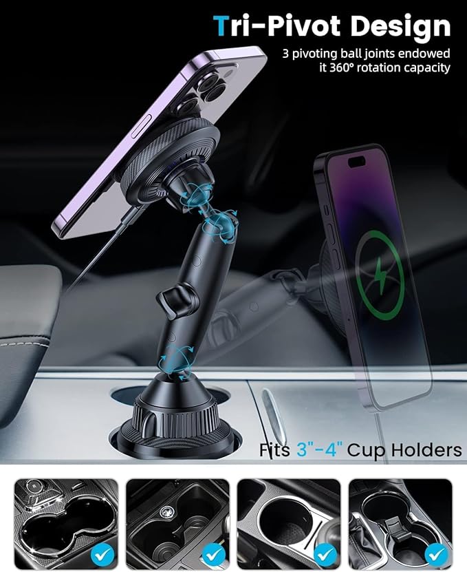 APPS2Car for Magsafe Car Mount Charger Tri-Pivot Magnetic Wireless Cup Holder Phone Mount for Car Truck with Cooling Fan Fast Charging for iPhone 17 16 15 14 13 12 Series [with Car Adapter]