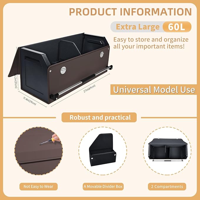 Car Trunk Organizer for SUV Car Trunk Storage Organizer with Lid and Sturdy Handle Collapsible Trunk Organizer for Truck, Sedan, Van (Brown, 27.1 x 11.4 x 12.2in)
