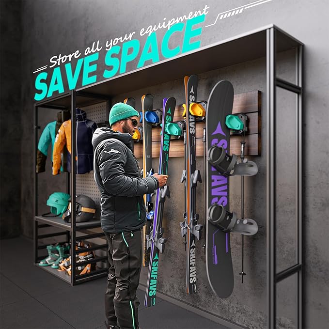 Ski & Snowboard Wall Rack for Garage Wall Fits Any Ski/board, Ski Wall Mount Holders Damage-Free Storage Rack, Garage Organization Space-Saving Winter Gear Organizer, Green, 4 Pack