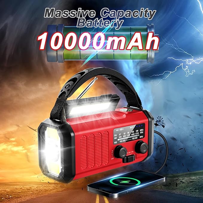 Emergency Crank Radio10000mAh/37000mWh AM/FM/NOAA Weather Radio, Solar/Hand Crank/USB Charging, LED Flashlight and Cell Phone Charger for Valentines Day Gifts Outdoor, Camping & Home Emergencies
