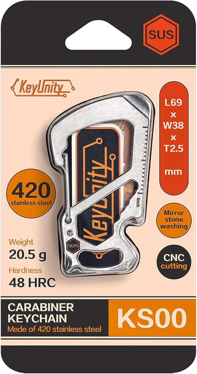 KeyUnity KS00 Carabiner Clip Multitool Stainless Steel 7 Tools in 1, Quick Release Clasp, Wrench, Cross Screwdriver, Slotted Screwdriver, Bottle Opener, Ruler, Key Holder (Silver)