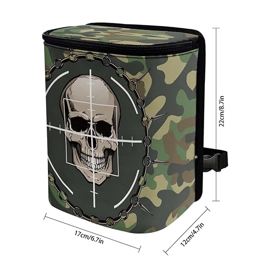 1.2 Gallons Mini Car Trash Can, Camouflage Skull Automotive Garbage Cans, Adjustable Hanging for Tail of Console/Back of Seats, Odor-Free with Zipper Leak-Proof Lid Design, Easy to Clean