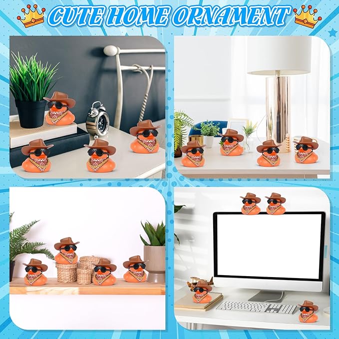 BOZILY Cowboy Rubber Duck Car Dashboard Decor - Brown Hat, Glasses, Necklace & Scarf, Squeaky Silicone Duck Ornament for Stress Relief, DIY Fun Car Accessory