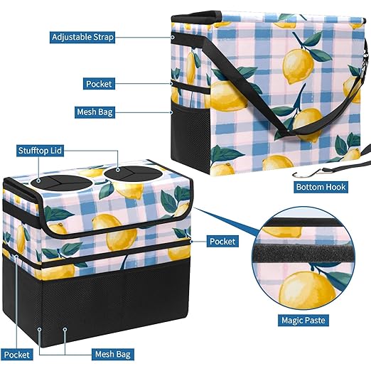 Car Trash Can with Lid, Portable Hanging Automotive Garbage Bin for Vehicles, Leakproof Waste Bag Container for SUV Truck Van Interior Auto Travel Road Trips(Lemons)