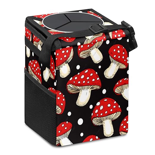 Car Trash Can with Lid & Multiple Pockets,Foldable Vehicle Garbage Bin Waterproof & Leak Proof Automotive Garbage Cans Car Accessories for Women Men Road Trip Essentials Mushrooms