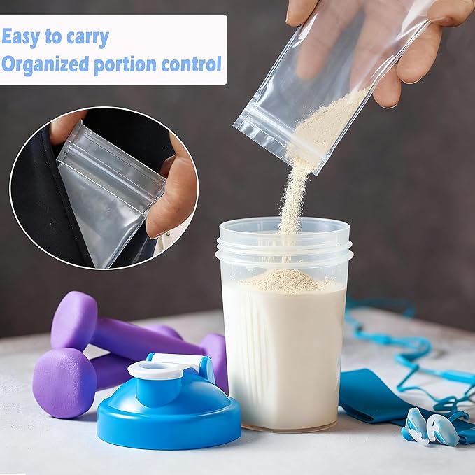 Asix Toy 100 pcs Protein Powder Travel Container Set,Protein Powder Container to Go,Reusable Single Dose Bags & 3Pcs Large Zip Bags,with Funnel Labels,Powder Dispenser for Travel Fitness Workout
