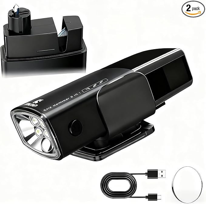 Glass Breaker - Upgraded Safe Hammer Glass Breaker Under Water, Car Hammer Seatbelt Cutter Window Breaker Emergency Escape Tool, with Flashlight, Safehammer Glass Breaker for New Cars（Black）