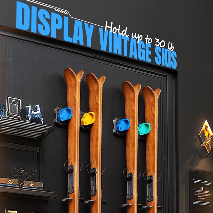 Ski & Snowboard Wall Rack for Garage Wall Fits Any Ski/board, Ski Wall Mount Holders Damage-Free Storage Rack, Garage Organization Space-Saving Winter Gear Organizer, Blue, 2 Pack