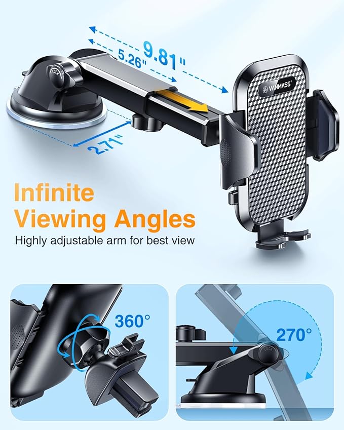 VANMASS 2026【Military-Grade】 Car Phone Mount Upgraded【Strongest Suction & Clip】 Cell Phone Holders for Your Car Dashboard Windshield Vent,Truck Stand for iPhone 17 Pro Max 16 15 14 13 Samsung Android