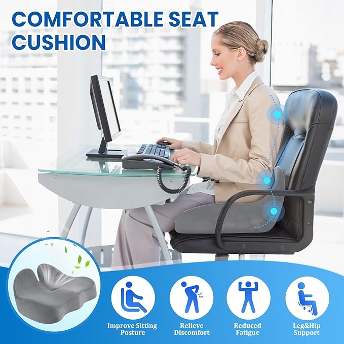 Seat Cushion, Memory Foam Office Chair Seat Cushion for Office Chairs/Car/Long Trip/Desk Chair/Gaming, X-Large Size for Sciatica & Hip & Tailbone Pain Relief, Sciatica Support (Light Gray)