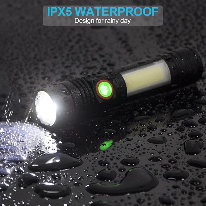 Rechargeable Flashlight, Super Bright LED Flashlight with COB sidelight, Zoomable, Waterproof, 4 Modes, Tactical Flashlight for Camping, Emergency