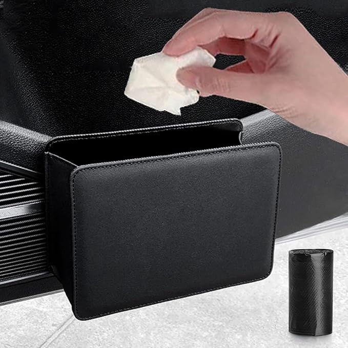 Accmor Car Trash Can, Leather Vehicle Trash Bin Car Dustbin Garbage Organizer Holder with 30 Pcs Trash Bags, Foldable Hanging Mini Cars Storage Bag Container for Auto, SUV (Black)