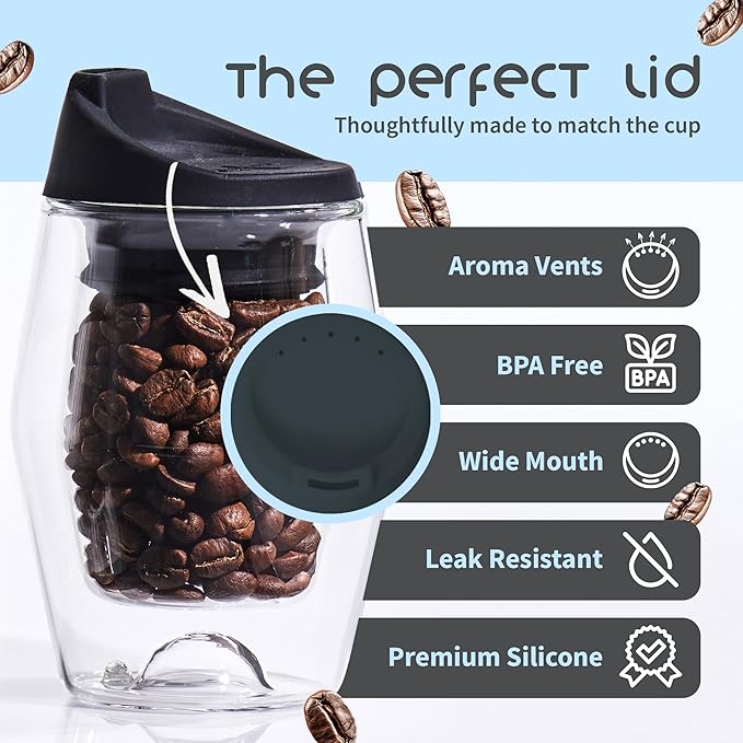 To-Go Espresso Glass Travel Mug with Lid, Reusable Double Wall Glass Tumbler, Fits Most Coffee Makers & Cupholders for Your Car, Gifts for Coffee Lovers, 4.5 oz Cortado Cup, Almost Black