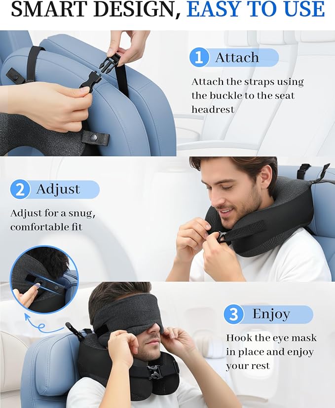 Travel Pillow for Long Flight Airplanes, Head Strap with Soft Eye Mask for Sleep, Memory Foam Travel Neck Pillow for Car Trip Essential, 360° Headrest Support to Stop Bobblehead, EVA Travel Case, Grey
