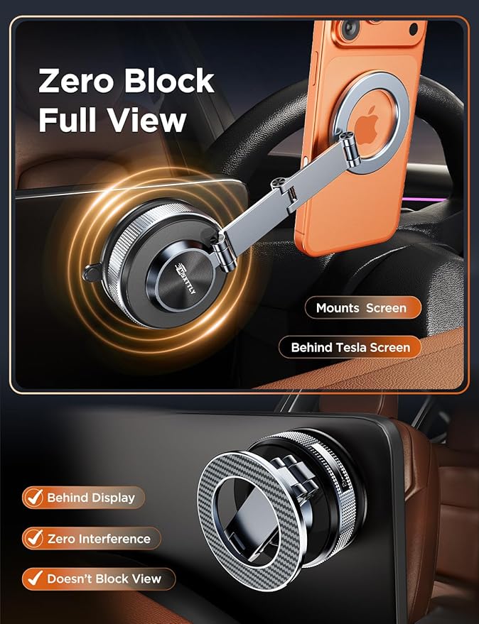 Car Phone Holder 360° Adjustable Tesla Phone Mount Foldable 2026 MagSafe Car Mount Zinc-Alloy Tesla Phone Holders for Your Car for iPhone 17 Pro Max 16 15 14 13 12 Plus, Carbon Fiber