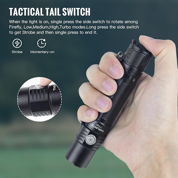 ThruNite TT20 Tactical Dual Switch LED Flashlight, High 2010 Lumens, Long 305 Meters Beam Distance, USB-C Rechargeable Flashlight Compact for Hunting, Hiking - Black CW