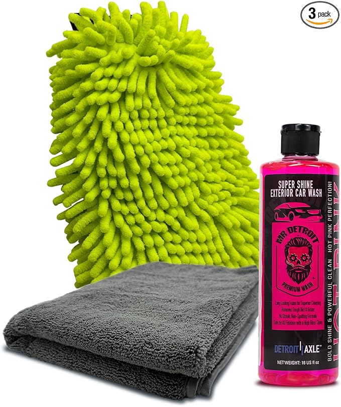 Mr. Detroit - 3pc Car Wash Kit, 16oz Car Soap Bottle, Double Noodle Wash Mitt & Microfiber Drying Towel, Streak-Free Exterior Scratch-Free Cleaning for Auto Detailing & Home Use