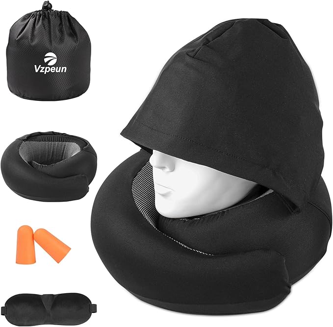 Travel Pillow - Hooded Neck Pillow Airplane Memory Foam Filling for Plane, Office, Cars Sleeping, Road Trip, Long Flights, Portable Plane Accessories, Includes Eye Mask & Earplugs (Black)